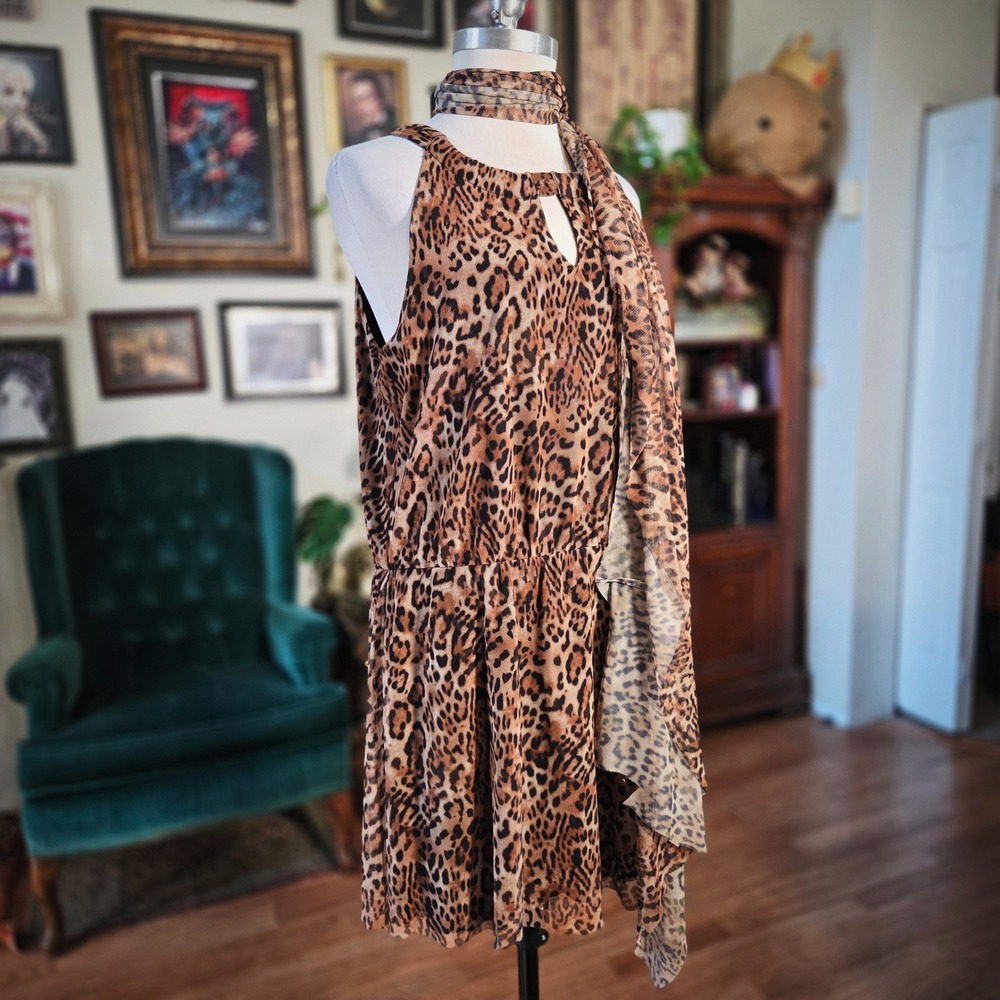 Chico's Leopard Print Sleeveless Mini Dress Brown‎ Animal Print Scarf Neck Sz 14